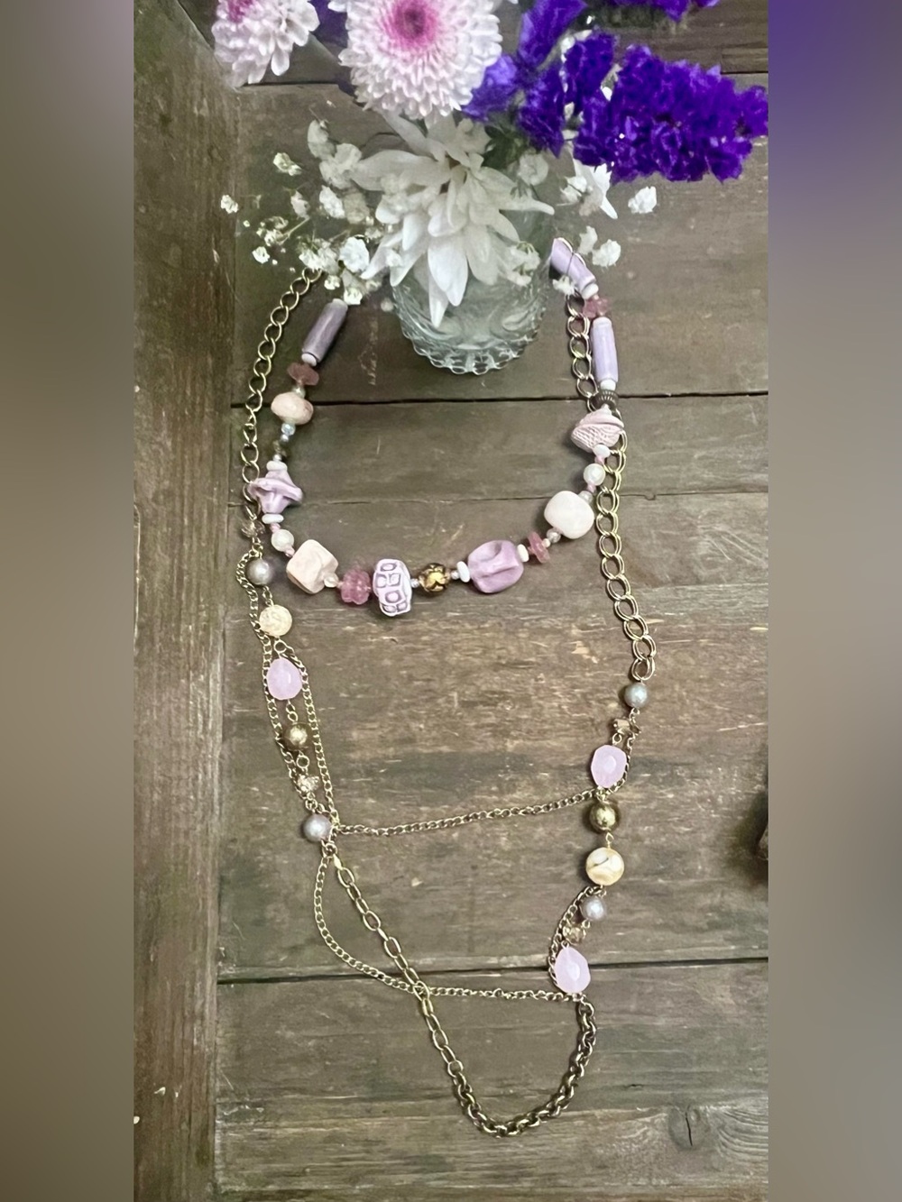 Hand Crafted Lavender and Gold Layered Beaded Necklaces
